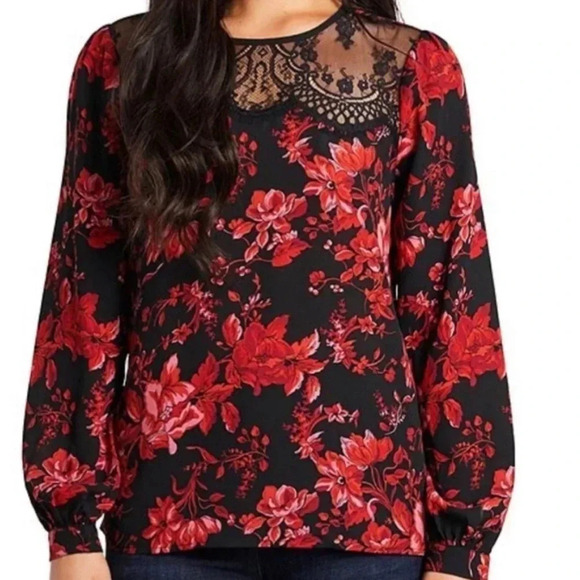 Carmen Marc Valvo Women’s Blouse Medium Floral Red Black Lace Keyhole Romantic - Picture 7 of 16